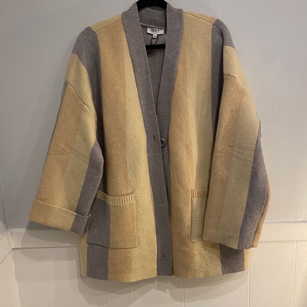 Women's Striped Cardigan Sweater - Gray and Cream